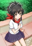  1girl asuka_(senran_kagura) black_hair hair_ribbon hand_over_heart legs looking_at_viewer necktie outdoors red_scarf ribbon scarf senran_kagura shakunetsujigoku shirt sitting smile solo white_shirt yellow_eyes 