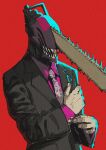  1boy absurdres better_call_saul black_suit chainsaw_man denji_(chainsaw_man) formal gingrjoke highres male_focus monster_boy necktie red_background sharp_teeth simple_background solo suit teeth upper_body 