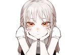  1girl closed_mouth head_rest long_hair looking_at_viewer orange_eyes original shirt simple_background solo tsu_(lovesick1964) two_(tsu_(lovesick1964)) upper_body white_background white_hair white_shirt 