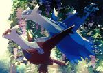  claws closed_mouth commentary_request day floating from_side highres ktyon3 latias latios no_humans outdoors pokemon pokemon_(creature) smile yellow_eyes 