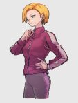  1girl android_18 blonde_hair blue_eyes closed_mouth dragon_ball dragon_ball_super earrings hand_on_hip jacket jewelry kemachiku long_sleeves looking_away pants pink_jacket short_hair solo track_jacket track_pants 