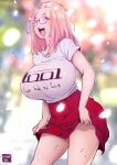  1girl artist_name band_shirt bangs_pinned_back blonde_hair blurry blurry_background breasts closed_eyes colorized curvy folded_hair glasses hair_pulled_back highres huge_breasts inne_sulistya_robin joe90val merchandise miniskirt norman_maggot open_mouth original pleated_skirt red_skirt shirt shirt_tucked_in short_sleeves skirt thighs white_shirt 