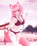  animal_ears cherry_blossoms fang fox_ears fox_tail highres leash nail_polish open_mouth original pink_hair red_eyes skin_fang solo swimsuit tail 