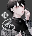  1boy black_hair black_shirt copyright_request ear_piercing finger_heart grey_background highres jewelry long_sleeves looking_at_viewer male_focus mask nail_polish obisn open_mouth original piercing red_eyes ring shirt solo turtleneck 