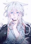 1boy bead_necklace beads bishounen blue_eyes blue_nails grey_hair highres jewelry looking_at_viewer male_focus mimizuku_(sky:_children_of_the_light) nanbanchenga necklace open_mouth pointy_hair ponytail sky:_children_of_the_light solo upper_body white_hair 