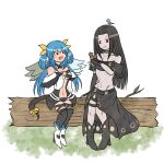  1girl 1other bird blue_hair boots dizzy_(guilty_gear) guilty_gear guilty_gear_x hair_ribbon happy highres long_hair red_eyes ribbon san5ro squirrel tail testament_(guilty_gear) thigh-highs tree_stump twintails 