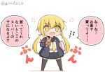  1girl armband black_sailor_collar black_skirt black_thighhighs blonde_hair blue_jacket chibi commentary_request crescent crescent_pin full_body goma_(yoku_yatta_hou_jane) jacket kantai_collection long_hair low_twintails neckerchief open_mouth pillow sailor_collar satsuki_(kancolle) satsuki_kai_ni_(kancolle) simple_background skirt solo standing stuffed_animal stuffed_toy teddy_bear thigh-highs translation_request twintails twitter_username wavy_mouth white_background yellow_eyes yellow_neckerchief 