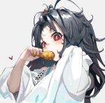  1girl ahoge bandaid bandaid_on_face bandaid_on_nose black_hair character_request chicken_leg copyright_request eating food food_on_face forehead fried_chicken grey_background heart highres holding holding_food jacket long_hair looking_at_viewer lower_teeth open_mouth red_eyes simple_background sleeves_past_wrists solo strap teeth timitarcat upper_body upper_teeth white_jacket 