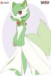  1girl absurdres animal_ears animal_hands animal_nose artist_name bangs bob_cut body_fur cat_ears cat_girl cat_tail claws closed_mouth commentary english_commentary flat_chest flat_color furry furry_female fusion gardevoir green_fur green_hair hair_over_one_eye highres looking_at_viewer one_eye_covered patreon_logo patreon_username pawpads pokemon pokemon_(creature) purple_background red_eyes sarox short_hair simple_background solo sprigatito standing tail two-tone_background two-tone_fur watermark white_fur 