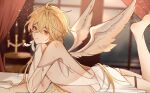  1boy aether_(genshin_impact) ahoge angel_wings anklet bangs bed bishounen blonde_hair candle genshin_impact hair_between_eyes hair_down highres indoors jewelry lgny2x long_hair looking_at_viewer male_focus solo sparkle white_wings wings 