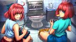  2girls ahoge arcade_stick barefoot bathroom blue_eyes blue_shorts brand_name_imitation cable casual chips computer controller dell english_commentary fighting_game food from_behind full_body game_controller gamepad highres hisui_(tsukihime) indian_style joystick kohaku_(tsukihime) laptop looking_at_viewer looking_back making-of_available melty_blood melty_blood:_type_lumina meme multiple_girls orange_eyes playing_games potato_chips red_shorts redhead shirt short_hair shorts siblings sisters sitting sleeveless substance20 t-shirt toilet tsukihime twins video_game xbox_controller 