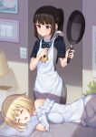  2girls absurdres apron bed black_hair blonde_hair breasts closed_eyes drooling electric_socket frying_pan highres indoors inoue_takina ladle large_breasts light_blush long_hair looking_at_another lycoris_recoil lycoris_uniform messy_hair morning multiple_girls nishikigi_chisato open_mouth pajamas picture_frame pillow pizza_(pizzania_company) plant ponytail sleeping sunlight violet_eyes 