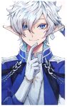 1boy absurdres alphinaud_leveilleur bangs blue_eyes blue_jacket closed_mouth commentary_request earrings final_fantasy final_fantasy_xiv gloves grey_hair hair_between_eyes highres jacket jewelry looking_at_viewer male_focus open_clothes open_jacket pointy_ears shirt smile solo townoise upper_body white_background white_gloves white_shirt 