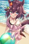  absurdres alternate_costume animal_ears ball beach beachball blue_eyes collarbone flower hair_flaps hair_flower hair_ornament highres horse_ears horse_girl horse_tail lens_flare looking_at_viewer ocean pink_hair sakura_chiyono_o_(umamusume) sand swimsuit tail umamusume uu-tan_(hushigi10) 