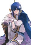  1boy ascot bangs belt black_footwear blue_belt blue_cape blue_eyes blue_hair boots cape commentary_request cosplay fire_emblem fire_emblem:_genealogy_of_the_holy_war fire_emblem_heroes headband jacket knee_up long_hair long_sleeves looking_at_viewer male_focus pants seliph_(fire_emblem) sidelocks sigurd_(fire_emblem) sigurd_(fire_emblem)_(cosplay) simple_background sitting smile solo sword tenjin_(ahan) tyrfing_(fire_emblem) weapon white_ascot white_background white_jacket white_pants 