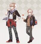  2boys alternate_costume animal_on_shoulder antenna_hair autumn_leaves bag bangs bead_bracelet beads blazer blue_eyes bracelet buttons cardigan cat cat_on_shoulder checkered_pants closed_mouth clothes_around_waist duffel_bag english_commentary full_body genshin_impact hair_between_eyes hand_on_hip highres jacket jewelry kaedehara_kazuha kazuha&#039;s_friend_(genshin_impact) kuro_lee light_brown_hair loafers long_sleeves looking_at_viewer multicolored_hair multiple_boys necktie pony purple_scarf red_eyes red_necktie redhead scarf school_uniform shirt shoes smile sneakers standing streaked_hair sweater sweater_around_waist twitter_username white_cat white_hair white_shirt wing_collar 