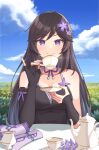  1girl absurdres armband blue_sky commentary cup day erine_rurie hair_ornament highres holding holding_cup indie_virtual_youtuber jl_tan long_hair long_sleeves original outdoors saucer sitting sky smile solo table teacup upper_body violet_eyes 