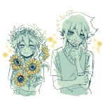  1boy absurdres basil_(omori) blush closed_mouth collared_shirt crying crying_with_eyes_open daisy flower head_wreath highres holding holding_flower looking_at_viewer omori partially_colored shirt short_hair short_sleeves sintastein smile sunflower sweater_vest tears 
