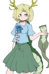  1girl 1other antlers blonde_hair blue_shirt closed_mouth dragon_horns dragon_tail fe_(tetsu) feet_out_of_frame green_skirt highres horns kicchou_yachie otter_spirit_(touhou) pleated_skirt red_eyes shirt short_hair short_sleeves simple_background skirt tail touhou turtle_shell white_background yellow_horns 