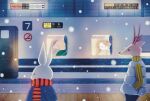  animal cat clothed_animal deer dog down_jacket ground_vehicle hands_in_pockets highres jacket no_humans no_smoking original rabbit sapico scarf shinkansen snowing sweater train train_station winter 