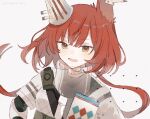  1girl :d animal_ears arknights armor brown_eyes ear_covers ear_tag figmnts flametail_(arknights) long_hair looking_at_viewer open_mouth redhead shirt simple_background smile solo squirrel_ears teeth upper_body upper_teeth white_background white_shirt 