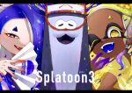  +_+ 1boy 2girls 66_roku_66 ;d absurdres big_man_(splatoon) blonde_hair blue_hair blue_tongue cephalopod_eyes chest_sarashi colored_eyelashes colored_skin colored_tongue copyright_name crop_top dark-skinned_female dark_skin domino_mask fang fangs folding_fan forehead frye_(splatoon) gradient_hair gradient_skin hachimaki hair_over_one_eye hand_fan headband highres holding holding_fan horizontal_pupils long_hair manta_ray mask multicolored_hair multicolored_skin multiple_girls nejiri_hachimaki octarian one_eye_closed pink_pupils poncho purple_hair purple_skin red_eyes red_skin sarashi see-through shiver_(splatoon) smile splatoon_(series) splatoon_3 suction_cups teeth tentacle_hair two-tone_skin yellow_crop_top yellow_eyes 
