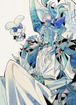  1girl blue_eyes blue_hair blue_skin breasts cloak closed_mouth colored_skin cracked_skin doll_joints drenched-in-sunlight dress elden_ring extra_arms extra_faces fur_cloak hat highres joints long_hair one_eye_closed ranni_the_witch ribbon smile solo white_dress witch 