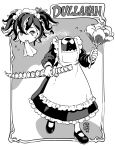  1girl apron artist_name collared_dress disembodied_head dress dullahan feather_duster floating_head frilled_apron frilled_dress frills full_body grey_background greyscale hair_between_eyes hair_ribbon hands_up high_contrast highres holding long_sleeves looking_at_viewer maid maid_headdress mary_janes monochrome monster_girl mouth_hold napkin original puffy_long_sleeves puffy_sleeves rem_(artist) ribbon shoes short_twintails solo spine suction_cups tentacle_hair twintails two-tone_background walking white_background 