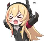  &gt;_&lt; 1girl bangs black_gloves black_jacket blonde_hair blush blush_stickers closed_eyes commentary_request girls_frontline gloves grey_background hair_between_eyes headgear jacket jjuwaap long_hair long_sleeves m4_sopmod_ii_(girls&#039;_frontline) multicolored_hair open_mouth outstretched_arms redhead sidelocks simple_background smile solo streaked_hair upper_body 