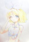  1girl ;o absurdres bangs bare_arms bare_shoulders blonde_hair blue_eyes bow collarbone colored_pencil_(medium) hair_bow hair_tucking highres kagamine_rin midriff noa_(retsuhim6927) number_tattoo one_eye_closed pale_skin parted_lips shirt shoulder_tattoo skinny sleeveless sleeveless_shirt solo swept_bangs tattoo tied_shirt traditional_media vocaloid white_bow white_shirt 