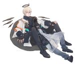 1boy 1other arknights bishounen black_gloves boots executor_(arknights) fingerless_gloves full_body gloves halo id_card m_ysd male_focus mechanical_halo simple_background sitting sitting_on_person white_background wings 