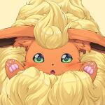  animal_hands blush commentary_request fangs flareon green_eyes highres kitsunerider looking_at_viewer no_humans open_mouth pokemon pokemon_(creature) simple_background yellow_background 