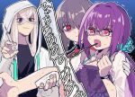  1boy 2girls asclepius_(fate) asclepius_(summer_rescue)_(fate) bangs crossed_bangs fate/grand_order fate_(series) florence_nightingale_(fate) glasses gradient gradient_background green_eyes grey_hair highres kimidorix32 long_hair multiple_girls pink_hair purple_hair red_eyes scathach_(fate) scathach_skadi_(fate) scathach_skadi_(swimsuit_ruler)_(fate) sweat sweater syringe wavy_mouth 