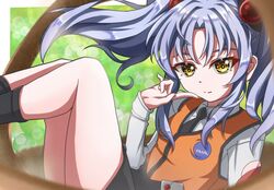  1girl bangs black_necktie black_skirt closed_mouth collared_shirt grey_hair hair_between_eyes highres hoshino_ruri index_finger_raised kidou_senkan_nadesico long_hair looking_at_viewer miniskirt necktie orange_vest ru-ha shiny shiny_hair shirt skirt smile solo twintails uniform very_long_hair vest white_shirt wing_collar yellow_eyes 