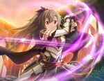  1girl armor bangs black_bow black_cape black_pants bow breastplate brown_hair cape closed_mouth eydis_(sao) faulds floating_hair game_cg hair_between_eyes hair_bow holding holding_sword holding_weapon long_hair looking_at_viewer outdoors pants ponytail red_eyes shoulder_armor smile solo sunset sword sword_art_online very_long_hair weapon 