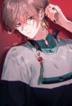  1boy absurdres black_eyes brown_hair closed_mouth ear_piercing earrings expressionless highres jacket jewelry leaning_back long_sleeves looking_at_viewer male_focus nail_polish original piercing red_background ring short_hair solo tarou_to_hana_ko 