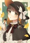  1girl autumn_leaves black_capelet black_hair black_headwear blush bow bowtie capelet center_frills colored_inner_hair commentary_request crescent food frilled_sleeves frills hair_ribbon hat hat_bow highres holding holding_food kaede_(mmkeyy) light_brown_hair lips long_sleeves looking_at_viewer medium_hair multicolored_hair parted_lips red_bow red_bowtie ribbon shirt solo star_(symbol) touhou upper_body usami_renko white_bow white_ribbon white_shirt 