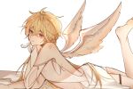  1boy aether_(genshin_impact) ahoge angel_wings anklet bangs bed bishounen blonde_hair clothing_cutout genshin_impact hair_between_eyes hair_down highres jewelry leg_up lgny2x long_hair looking_at_viewer lying male_focus on_stomach solo white_background white_wings wings 