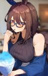  1girl absurdres admire_vega_(umamusume) animal_ears blue-framed_eyewear blurry blurry_background blush breasts brown_hair chabashira_(tyabasirak55) commentary_request ear_covers eating glasses highres horse_ears horse_girl jacket large_breasts long_hair long_sleeves looking_at_viewer off_shoulder red_eyes shaved_ice single_ear_cover solo umamusume utensil_in_mouth 