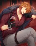  1boy alcohol artist_name blue_eyes brown_hair chest_belt coat collared_shirt couch crossed_legs cup drinking_glass genshin_impact gloves hand_on_own_face highres leather leather_belt looking_at_viewer male_focus mature_male nalamicha one_eye_covered open_clothes open_coat pants shirt short_hair sitting smirk solo spiky_hair tartaglia_(genshin_impact) tongue tongue_out twitter_username wine wine_glass 