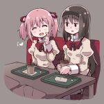  2girls akemi_homura bangs black_hair black_hairband blush booth_seating bow bowtie breasts closed_eyes cup disposable_cup es_(eisis) grey_background hair_ribbon hairband heart highres holding holding_cup homurahara_academy_school_uniform kaname_madoka long_hair long_sleeves mahou_shoujo_madoka_magica mitakihara_school_uniform multicolored_hair multiple_girls open_mouth pantyhose parted_lips pink_hair red_bow red_bowtie red_ribbon restaurant ribbon school_uniform simple_background sitting tray twintails violet_eyes 