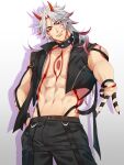  1boy abs absurdres arataki_itto artist_name biceps black_nails chest_tattoo claws collar earrings feet_out_of_frame genshin_impact hand_in_pocket highres horns jacket jewelry leather leather_belt leather_jacket long_hair looking_at_viewer male_focus mature_male muscular muscular_male nalamicha oni_horns pants pectorals red_eyes redhead smirk solo spiked_collar spikes tattoo thick_eyebrows twitter_username white_hair 