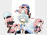  1boy 4girls :3 =_= ahoge animal_ears arknights black_bow black_hairband black_jacket blue_bow blue_hair blue_neckerchief blush bow cat_ears cat_girl cat_tail chibi clone floppy_ears goldenglow_(arknights) grey_background hair_between_eyes hair_bow hair_ornament hairband hairclip hat jacket lightning_bolt_print long_hair lying mizuki_(arknights) multicolored_clothes multicolored_hair multicolored_jacket multiple_girls naguru_(cyoroama) neckerchief on_head on_stomach pink_hair pink_jacket print_bow print_hairband short_hair_with_long_locks simple_background sitting streaked_hair sweatdrop tail two-tone_jacket white_jacket yellow_eyes |_| 