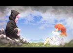  2girls bare_legs barefoot black_cloak cloak crossed_legs earrings feather_earrings feathers feet full_body gradient_hair hololive hololive_english hood hood_up hooded_cloak jewelry legs long_hair looking_at_another mori_calliope multicolored_hair multiple_girls no_shoes orange_hair pink_hair red_eyes sh0u_exe sitting soles surprised takanashi_kiara toes violet_eyes virtual_youtuber younger 
