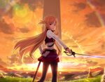  1girl asuna_(sao) black_pantyhose braid brown_eyes brown_hair clouds floating_hair french_braid from_behind game_cg holding holding_sheath holding_sword holding_weapon long_hair looking_at_viewer looking_back miniskirt open_mouth orange_sky outdoors pantyhose pleated_skirt red_skirt sheath shirt skirt sky solo sunset sword sword_art_online unsheathed very_long_hair weapon white_shirt 