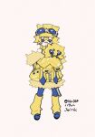  1boy animal bandaid bandaid_on_face bandaid_on_nose blonde_hair blue-tinted_eyewear blue_eyes blue_footwear bug closed_mouth full_body fur-trimmed_jacket fur_trim goggles goggles_on_head hair_between_eyes harurie holding holding_animal jacket joltik leg_warmers long_sleeves looking_at_viewer male_focus off_shoulder personification pokemon pokemon_(creature) short_hair sleeveless sleeves_past_fingers sleeves_past_wrists solo spider spiky_hair standing tinted_eyewear turtleneck white_background yellow_headwear yellow_jacket zipper 