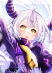  1girl ahoge black_horns blush braid demon_girl demon_horns fang grey_hair highres hololive horns la+_darknesss long_hair multicolored_hair multicolored_horns necktie open_mouth pointy_ears purple_hair purple_horns sleeves_past_fingers sleeves_past_wrists slit_pupils virtual_youtuber yellow_eyes yellow_necktie 