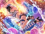 armpits balloon bang_dream! black_hair blush mitake_ran official_art red_eyes short_hair smile splashing sunset swimsuit wink