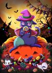 bare_tree berry candy cape cat chibi chocolate_chip_cookie cookie food halloween haruka_nsn hat highres holding holding_candy holding_food holding_lollipop jack-o&#039;-lantern lollipop moon mummy no_humans on_pumpkin original patchwork_skin pumpkin string_of_flags swirl_lollipop tombstone tree vampire violet_eyes witch_hat wrapped_candy 