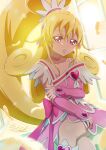  1girl aida_mana blonde_hair brooch choker crossed_legs cure_heart detached_sleeves dokidoki!_precure dress feathers hair_between_eyes half_updo heart_brooch highres jewelry lips long_hair pink_dress pink_eyes pink_sleeves precure sash sign sitting solo stage_lights tiler_(tiler00) 